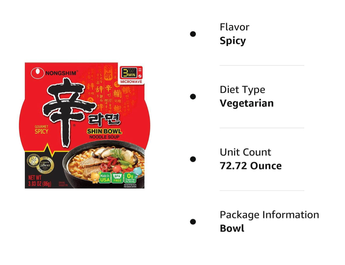 Nongshim Shin Bowl Noodle Soup Gourmet Spicy 3.03oz